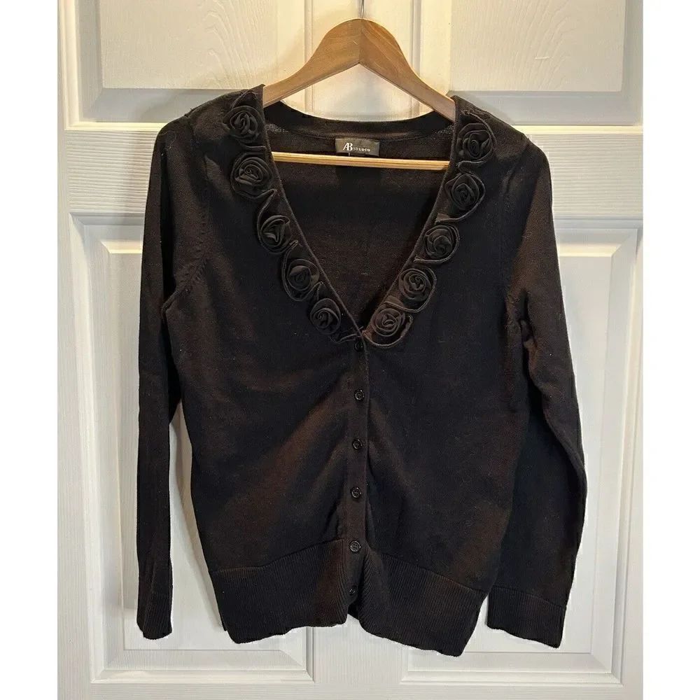 AB Studio Black Knit Sweater with 3D Flowers Women's Size XL
